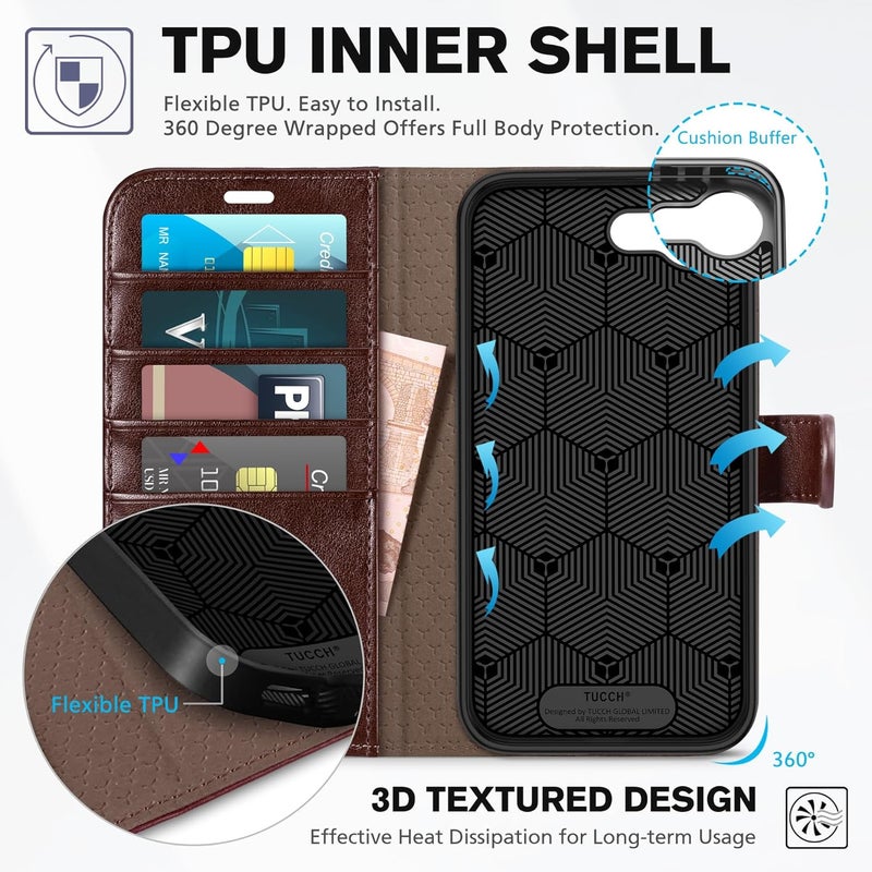TUCCH Case Wallet for iPhone 16e, Magnetic PU Leather Kickstand Flip Cover with 4 Card Slot Shockproof TPU Interior Shell, [RFID Blocking] Folio Compatible with iPhone 16e, Chocolate Brown - Image 5